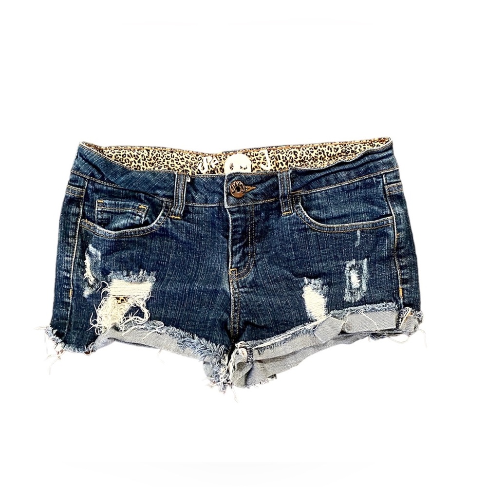 SPJ Distressed Denim Shorts with Leopard Patchwork